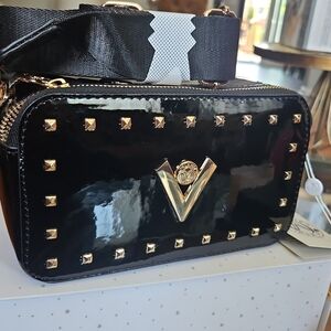 Valentino Orlandi Black Patent Leather and Gold Studded Women's Bag